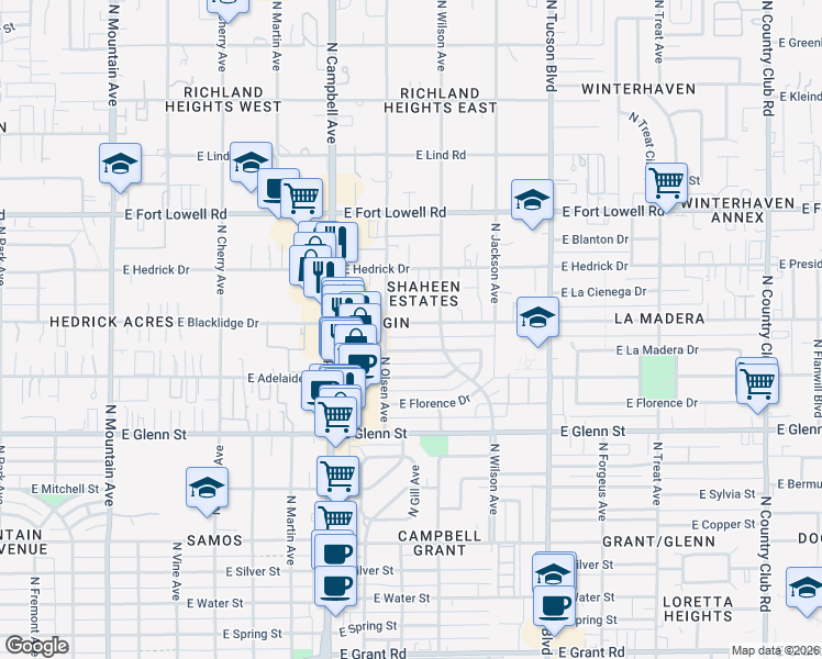 map of restaurants, bars, coffee shops, grocery stores, and more near 2121 East La Madera Drive in Tucson