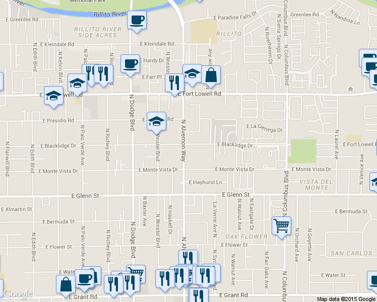 map of restaurants, bars, coffee shops, grocery stores, and more near 2935 North Alvernon Way in Tucson