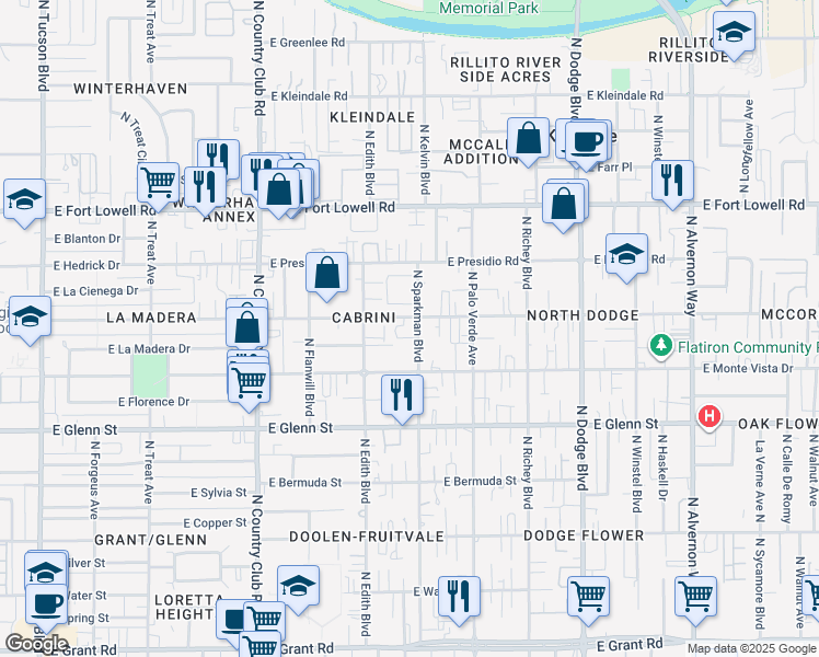 map of restaurants, bars, coffee shops, grocery stores, and more near 2932 North Sparkman Boulevard in Tucson