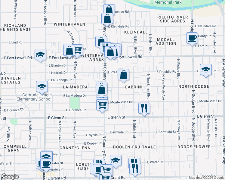 map of restaurants, bars, coffee shops, grocery stores, and more near 2945 North Flanwill Boulevard in Tucson