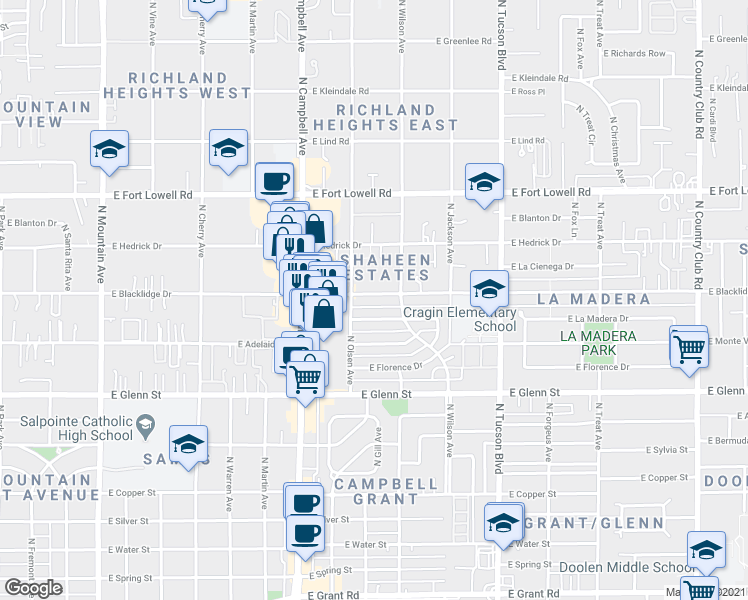 map of restaurants, bars, coffee shops, grocery stores, and more near 2121 East La Madera Drive in Tucson