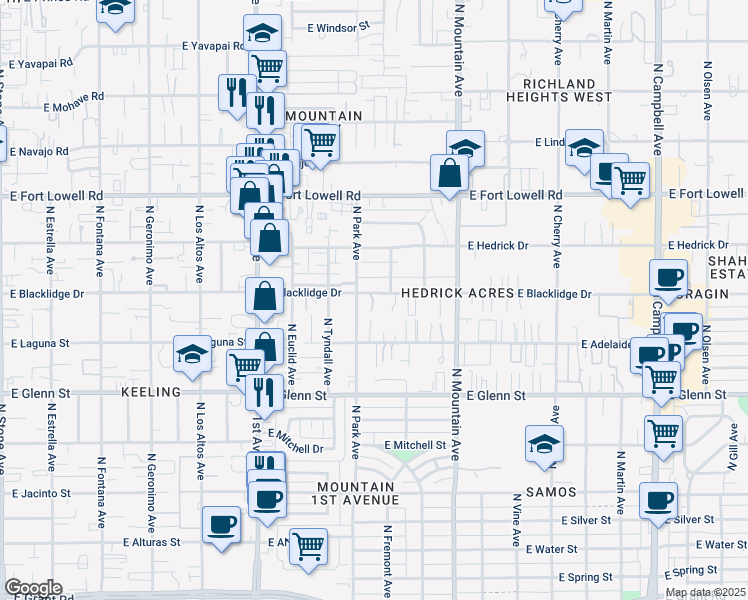 map of restaurants, bars, coffee shops, grocery stores, and more near 2938 North Park Avenue in Tucson