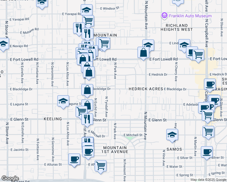 map of restaurants, bars, coffee shops, grocery stores, and more near 2938 North Park Avenue in Tucson