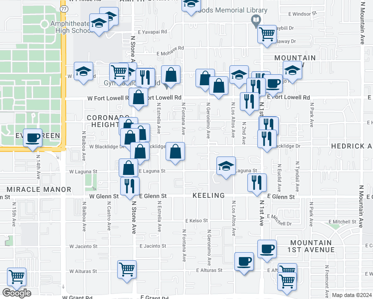map of restaurants, bars, coffee shops, grocery stores, and more near 2924 North Fontana Avenue in Tucson