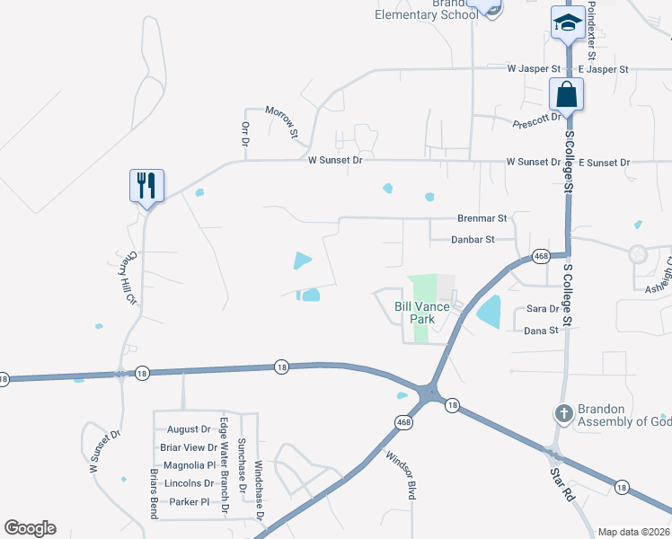 map of restaurants, bars, coffee shops, grocery stores, and more near 711 Brenmar Street in Brandon