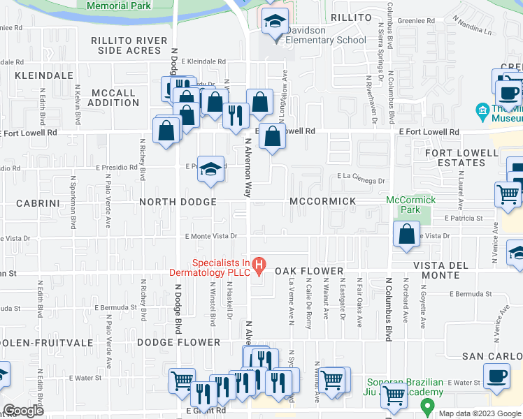 map of restaurants, bars, coffee shops, grocery stores, and more near 3943 East Monte Vista Drive in Tucson