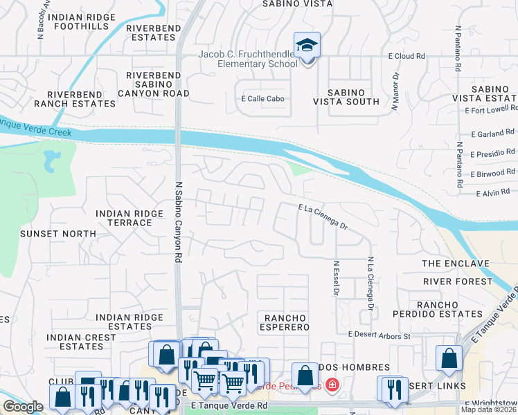 map of restaurants, bars, coffee shops, grocery stores, and more near 2925 North Cascada Circle in Tucson
