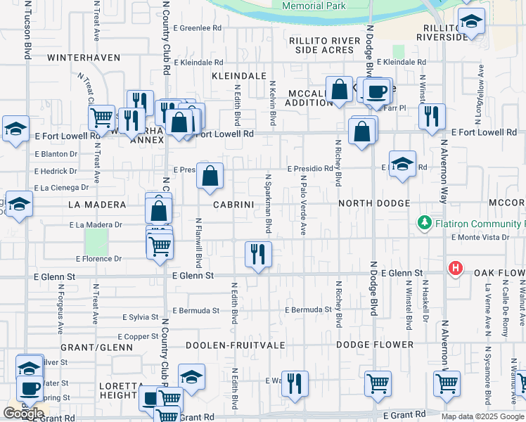 map of restaurants, bars, coffee shops, grocery stores, and more near 2969 North Sparkman Boulevard in Tucson
