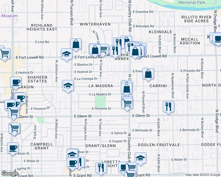 map of restaurants, bars, coffee shops, grocery stores, and more near 2841 East La Madera Drive in Tucson