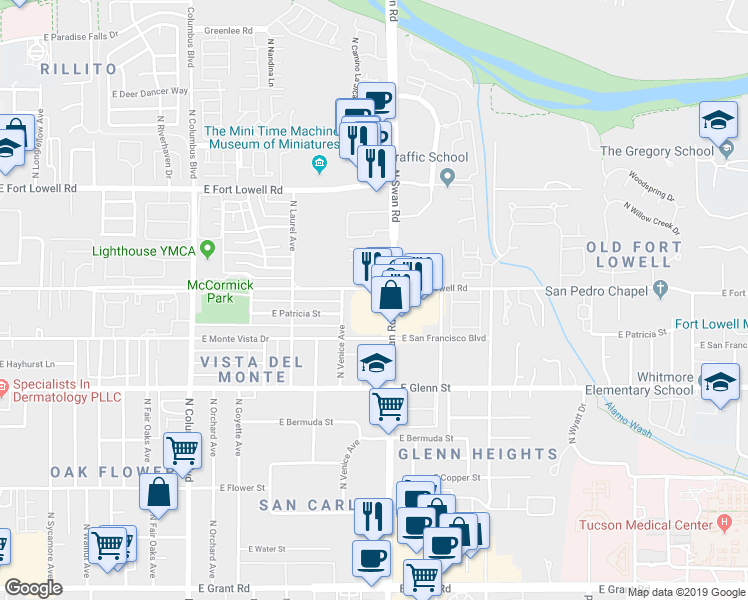 map of restaurants, bars, coffee shops, grocery stores, and more near 4644 East Fort Lowell Road in Tucson
