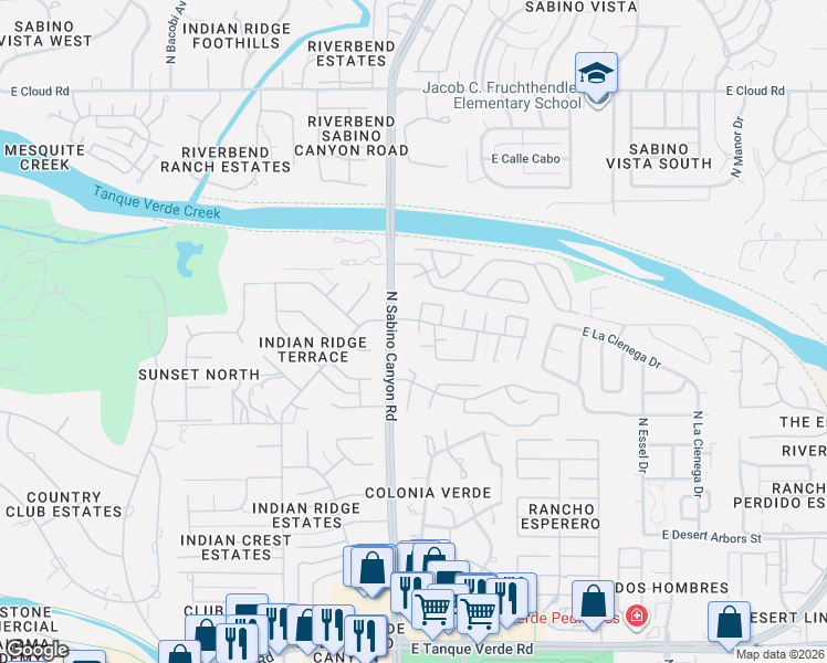 map of restaurants, bars, coffee shops, grocery stores, and more near 7178 East Onda Circle in Tucson