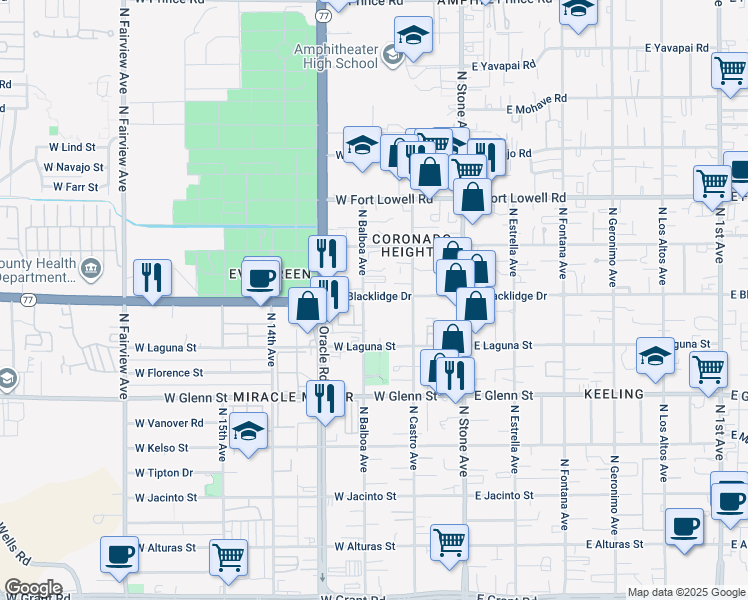 map of restaurants, bars, coffee shops, grocery stores, and more near 251 West Blacklidge Drive in Tucson