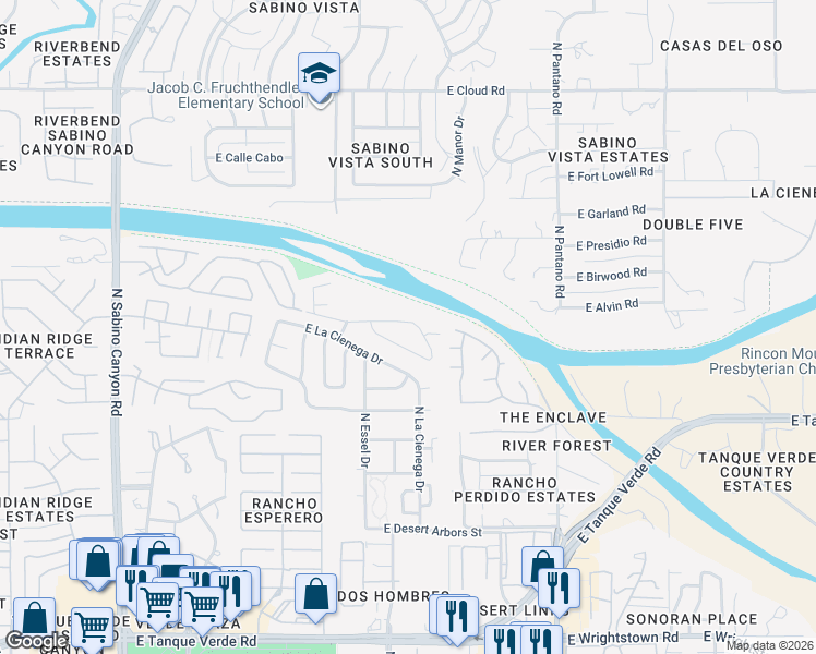 map of restaurants, bars, coffee shops, grocery stores, and more near 7680 East Park View Drive in Tucson