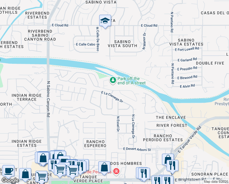 map of restaurants, bars, coffee shops, grocery stores, and more near 7500 East La Cienega Drive in Tucson