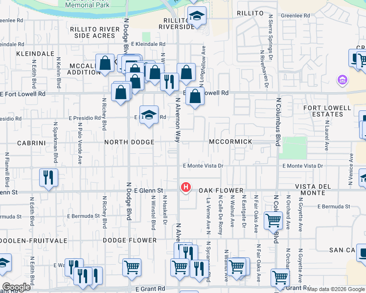 map of restaurants, bars, coffee shops, grocery stores, and more near 2935 North Alvernon Way in Tucson