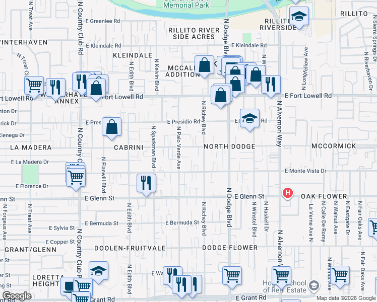 map of restaurants, bars, coffee shops, grocery stores, and more near 3536 East Blacklidge Drive in Tucson