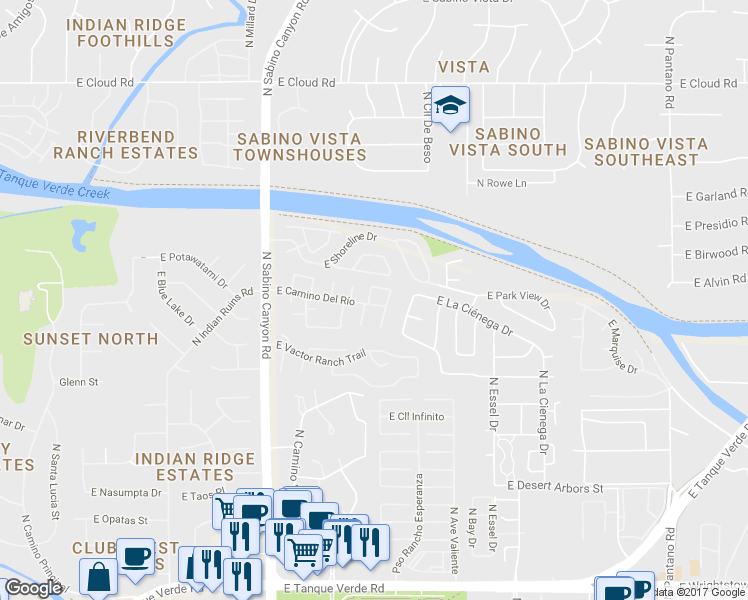 map of restaurants, bars, coffee shops, grocery stores, and more near 7302 East Cascada Circle in Tucson