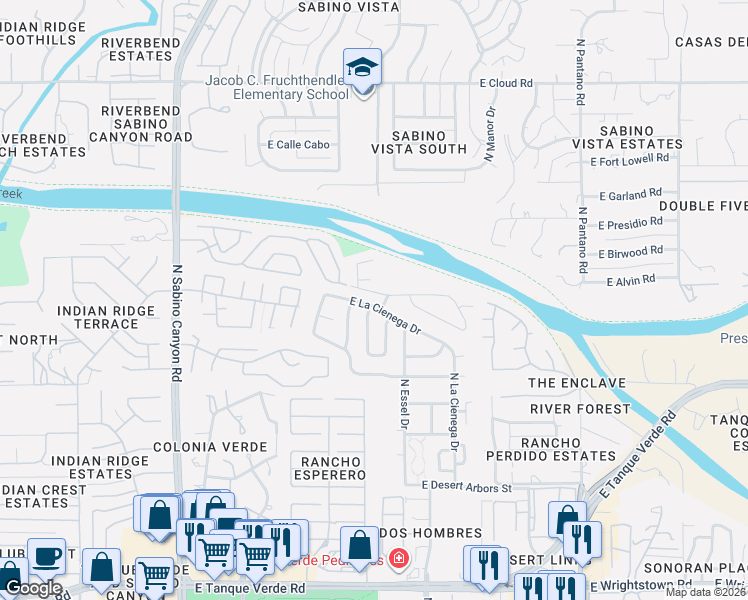 map of restaurants, bars, coffee shops, grocery stores, and more near 7500 East La Cienega Drive in Tucson