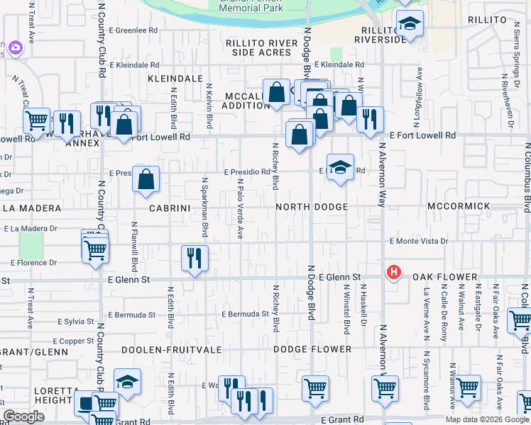 map of restaurants, bars, coffee shops, grocery stores, and more near 3536 East Blacklidge Drive in Tucson