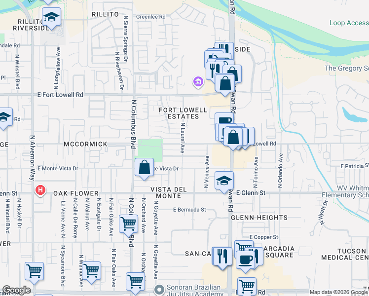 map of restaurants, bars, coffee shops, grocery stores, and more near 4510 East Patricia Street in Tucson