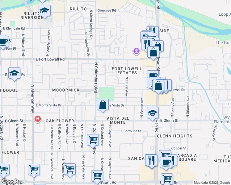 map of restaurants, bars, coffee shops, grocery stores, and more near 4410 East Patricia Street in Tucson