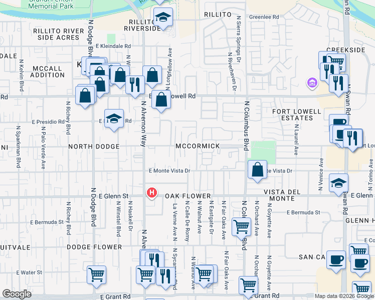 map of restaurants, bars, coffee shops, grocery stores, and more near 2901C North Walnut Avenue in Tucson