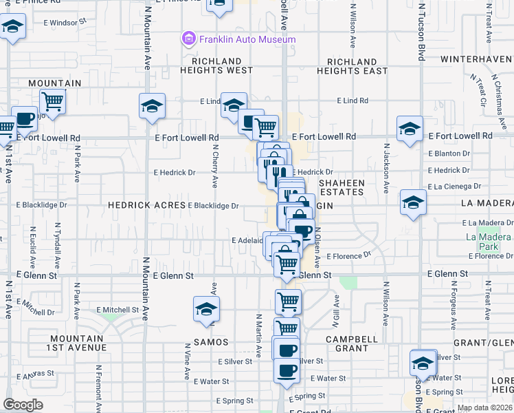 map of restaurants, bars, coffee shops, grocery stores, and more near 1810 East Blacklidge Drive in Tucson