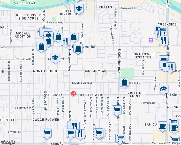 map of restaurants, bars, coffee shops, grocery stores, and more near 2901C North Walnut Avenue in Tucson