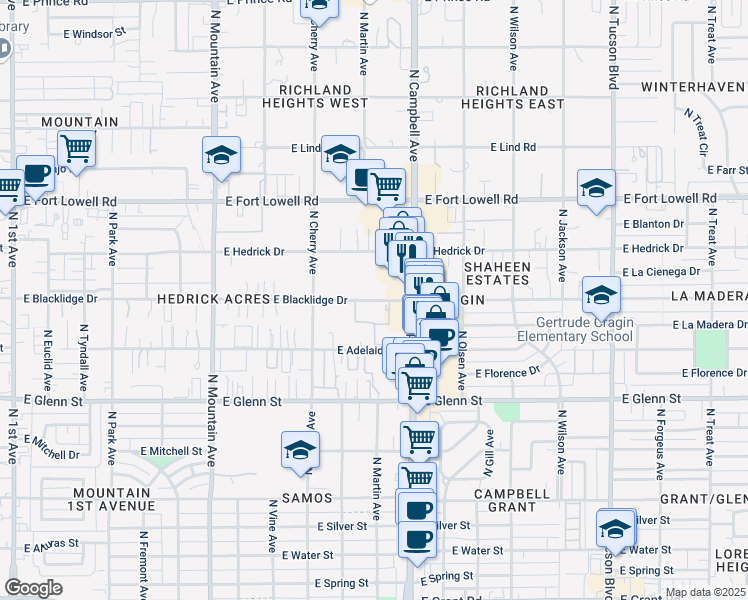 map of restaurants, bars, coffee shops, grocery stores, and more near 1810 East Blacklidge Drive in Tucson