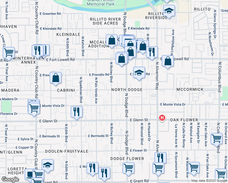 map of restaurants, bars, coffee shops, grocery stores, and more near 3606 East Blacklidge Drive in Tucson