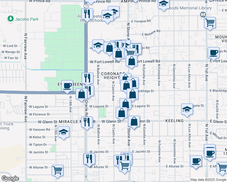 map of restaurants, bars, coffee shops, grocery stores, and more near N Castro Ave & W Blacklidge Dr in Tucson