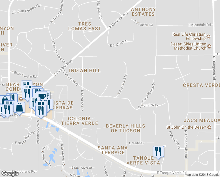 map of restaurants, bars, coffee shops, grocery stores, and more near 9575 East Morrill Way in Tucson