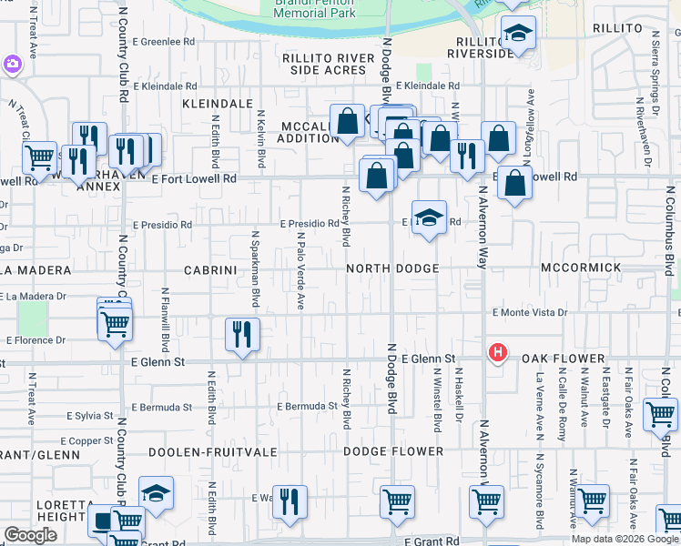 map of restaurants, bars, coffee shops, grocery stores, and more near 3014 North Richey Boulevard in Tucson