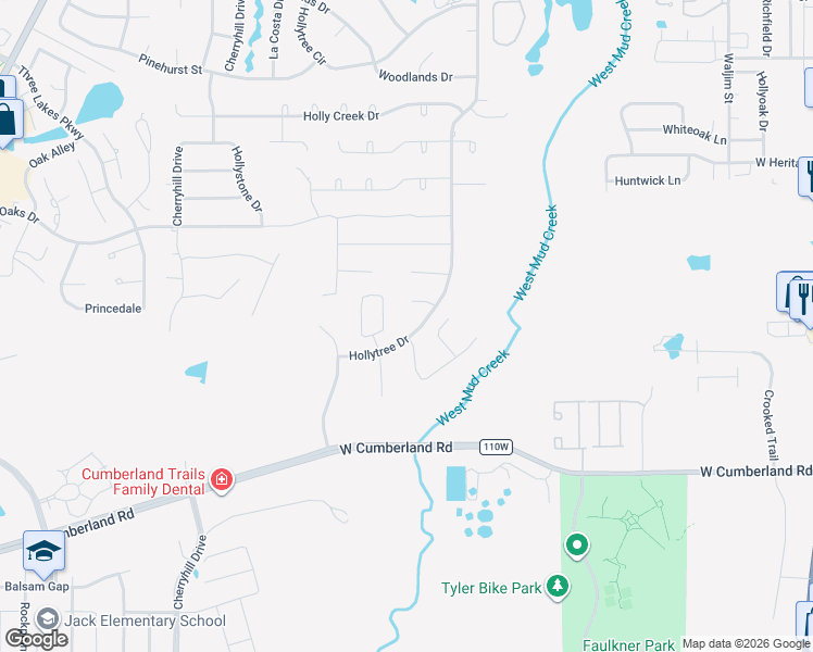 map of restaurants, bars, coffee shops, grocery stores, and more near 1442 Old Farm Road in Tyler