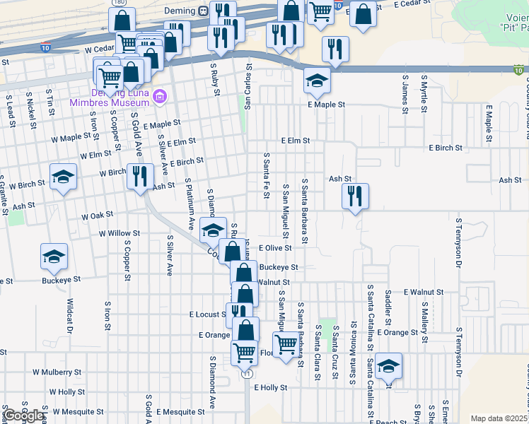 map of restaurants, bars, coffee shops, grocery stores, and more near East Oak Street in Deming