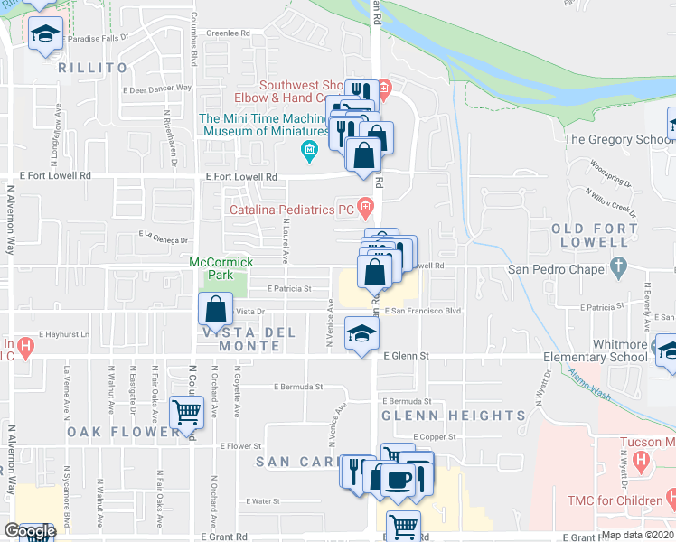 map of restaurants, bars, coffee shops, grocery stores, and more near 4547 East Fort Lowell Road in Tucson