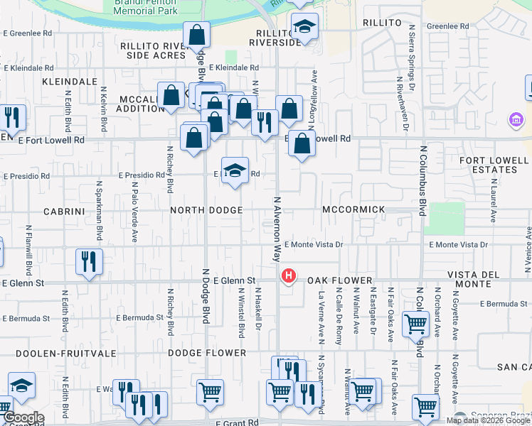 map of restaurants, bars, coffee shops, grocery stores, and more near 3003 North Alvernon Way in Tucson