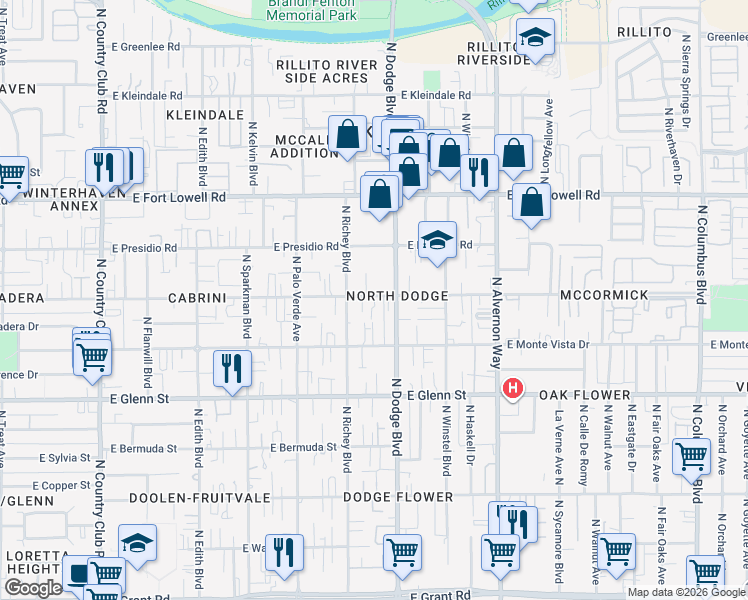 map of restaurants, bars, coffee shops, grocery stores, and more near 3031 North Dodge Boulevard in Tucson
