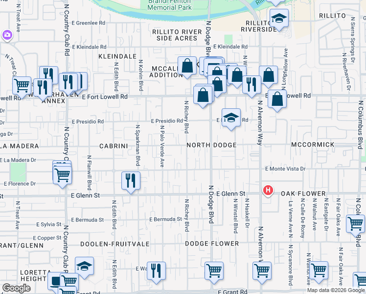 map of restaurants, bars, coffee shops, grocery stores, and more near 3014 North Richey Boulevard in Tucson