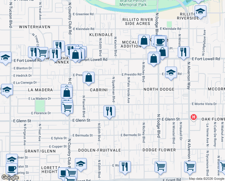 map of restaurants, bars, coffee shops, grocery stores, and more near 3015 North Sparkman Boulevard in Tucson