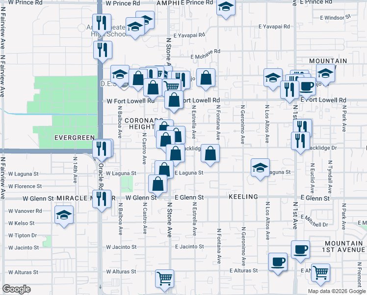 map of restaurants, bars, coffee shops, grocery stores, and more near 3020 North Stone Avenue in Tucson