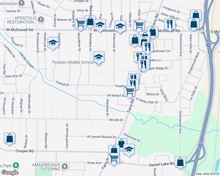 map of restaurants, bars, coffee shops, grocery stores, and more near 192 Treehaven Drive in Jackson