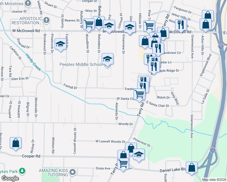 map of restaurants, bars, coffee shops, grocery stores, and more near 192 Treehaven Drive in Jackson