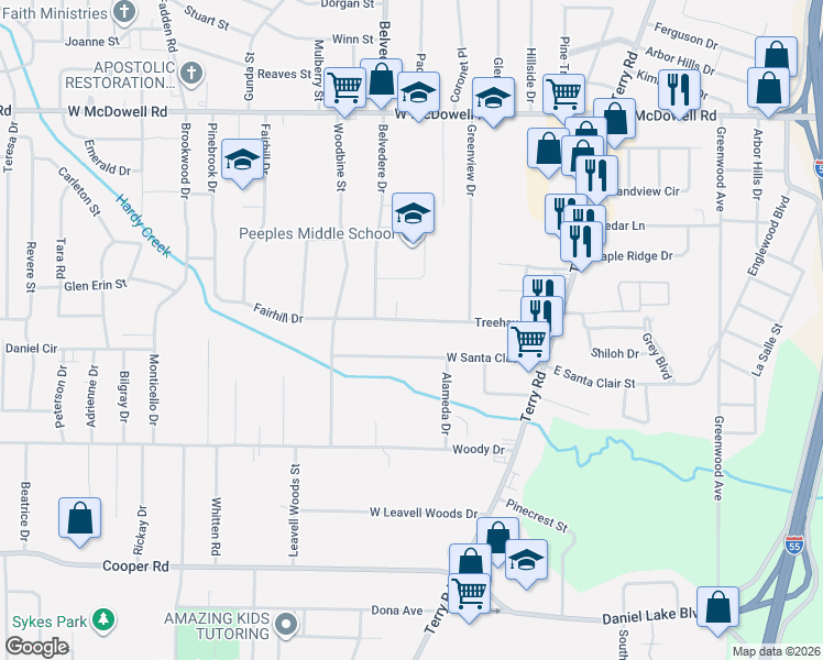 map of restaurants, bars, coffee shops, grocery stores, and more near 235 Treehaven Drive in Jackson