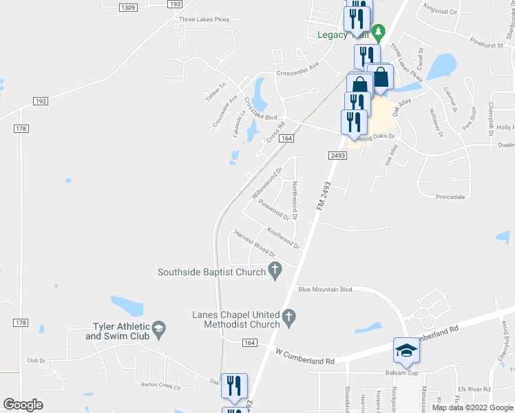 map of restaurants, bars, coffee shops, grocery stores, and more near 10875 Pinewood Drive in Tyler