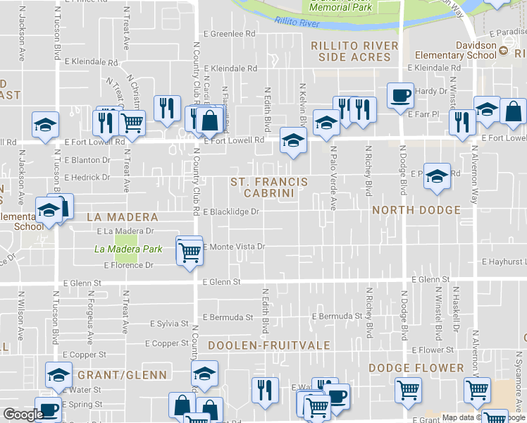 map of restaurants, bars, coffee shops, grocery stores, and more near 2999 North Edith Boulevard in Tucson
