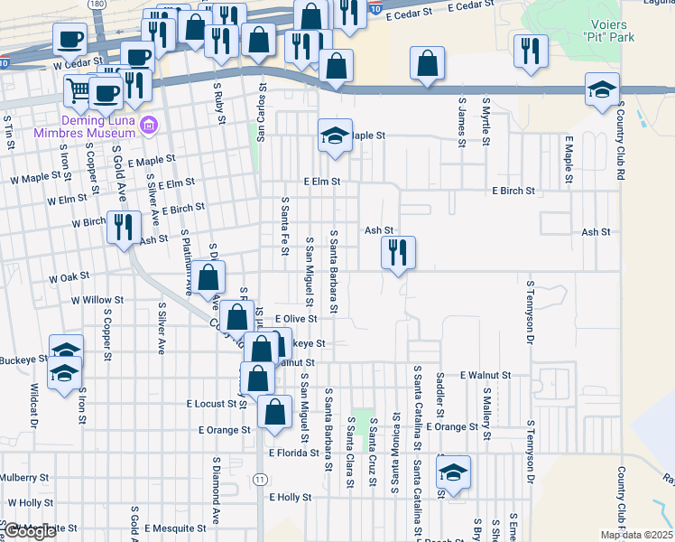 map of restaurants, bars, coffee shops, grocery stores, and more near 723-799 South Santa Barbara Street in Deming