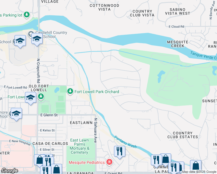 map of restaurants, bars, coffee shops, grocery stores, and more near 5961 East San Leandro Drive in Tucson