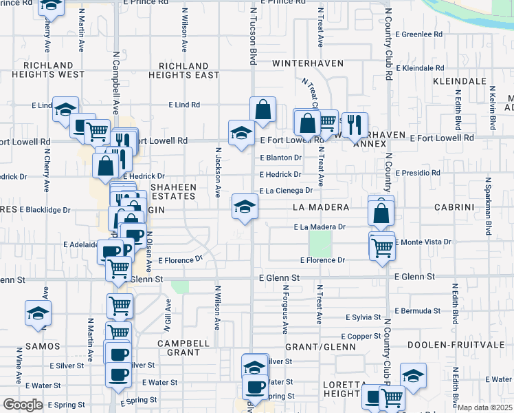 map of restaurants, bars, coffee shops, grocery stores, and more near 3035 North Tucson Boulevard in Tucson