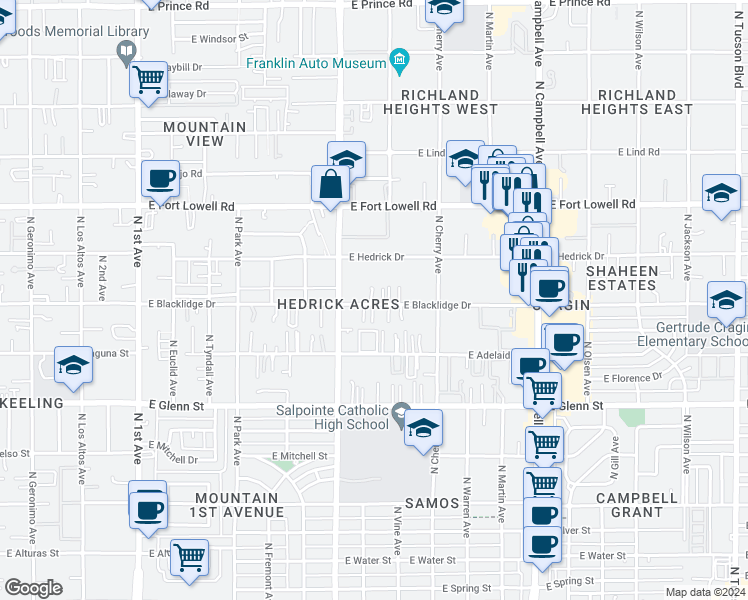 map of restaurants, bars, coffee shops, grocery stores, and more near 1419 East Blacklidge Drive in Tucson